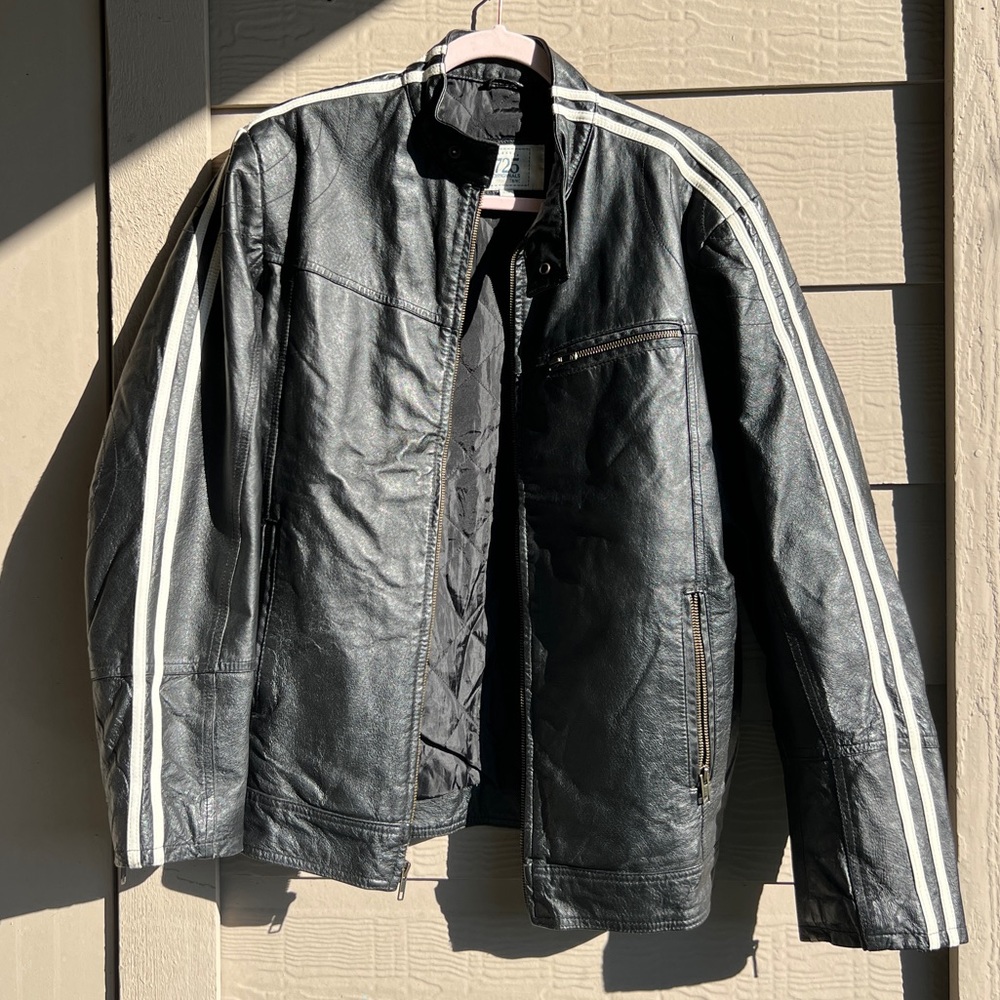 Black Leather Moto Racer Jacket, size Medium